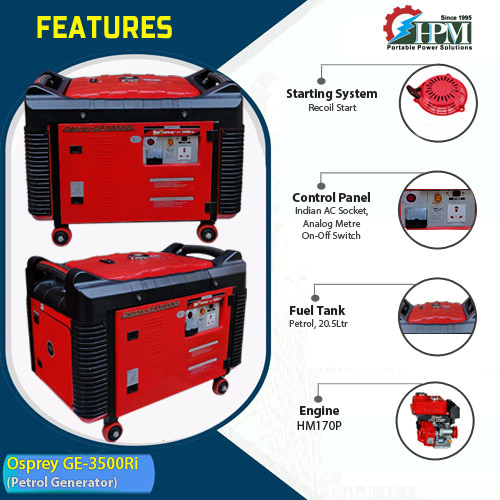 3.5 KVA  Light Weight & Powerful Portable Petrol Generator, Petrol Run, Recoil Start. Model Osprey GE-3500Ri